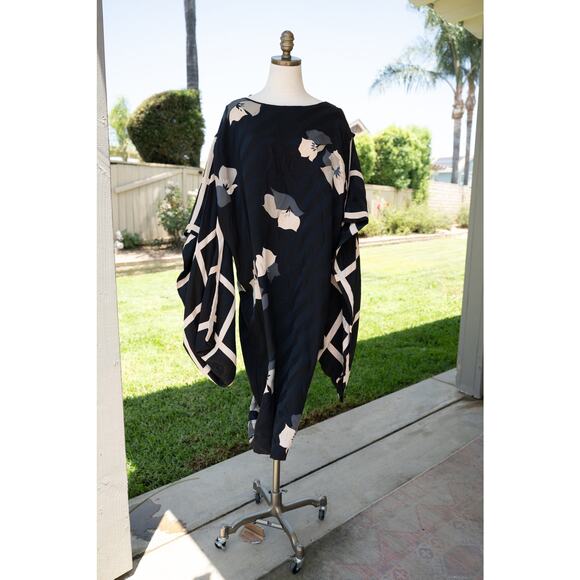 100% Vintage Mod Kaftan Dress Long Sleeve Black Floral Flowy - Picture 2 of 9